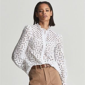 REISS WHITE YASMIN EYELET EMBROIDERED TOP (UK4 /US 0/ Small)